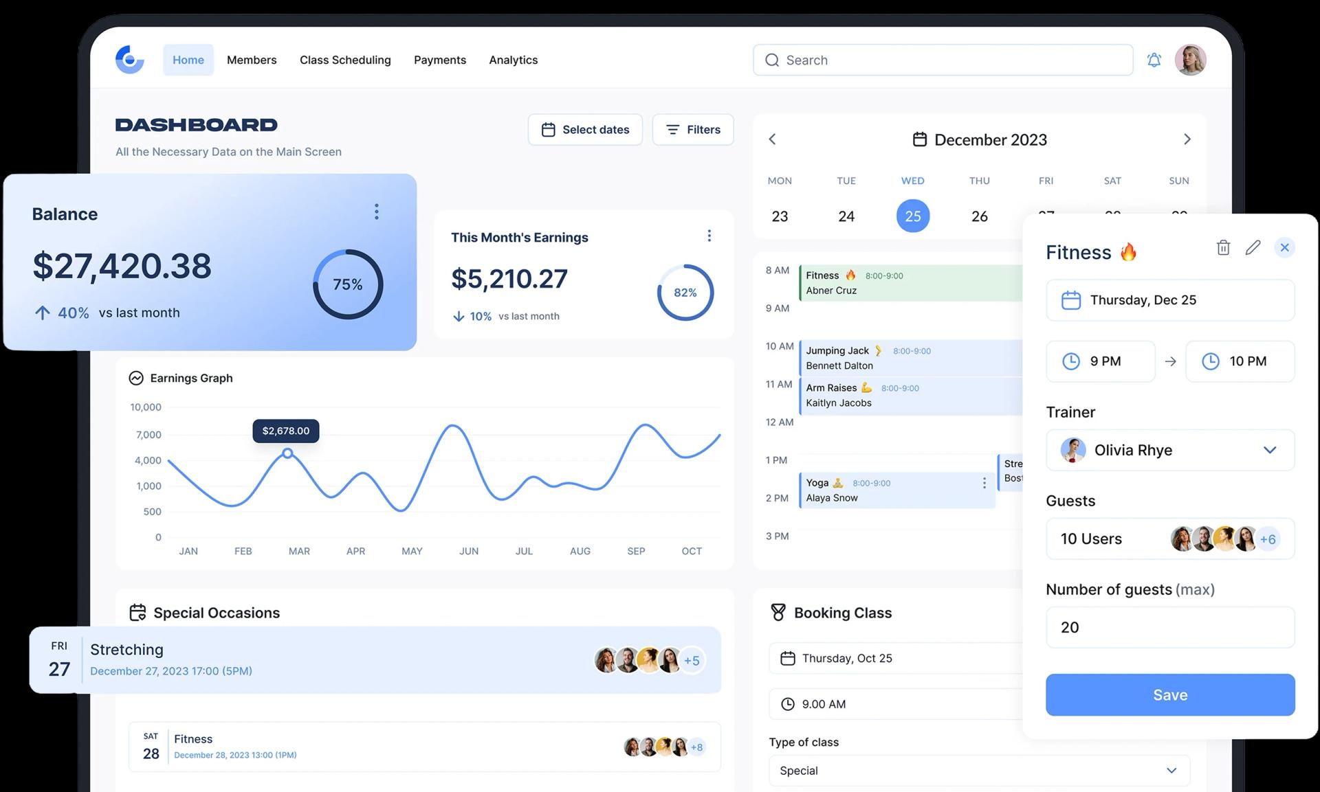 Gymble dashboard showing class schedule, bookings and member management